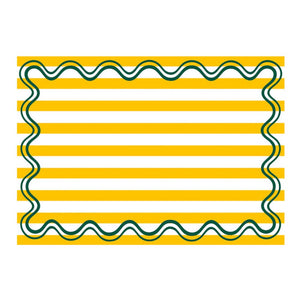 Paper placemats with yellow stripes and green wavy line on a white background