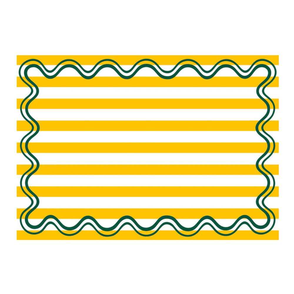 Paper placemats with yellow stripes and green wavy line on a white background