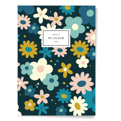 Floral-patterned monthly planner with colourful flowers on a dark blue background