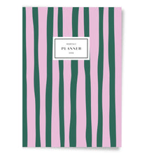 Load image into Gallery viewer, Monthly Planner with pink and green striped cover on a white background
