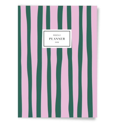 Monthly Planner with pink and green striped cover on a white background