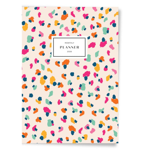 Colourful monthly planner with a leopard print pattern on a white background