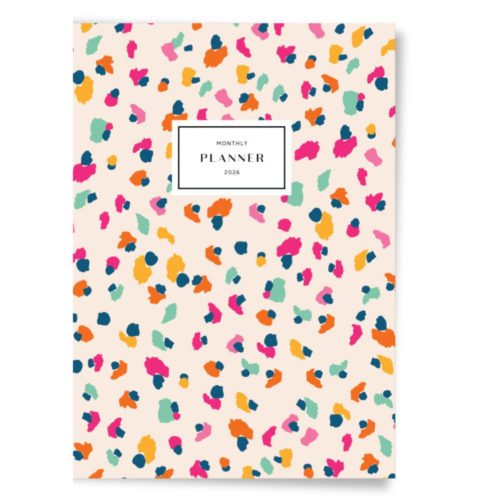 Colourful monthly planner with a leopard print pattern on a white background