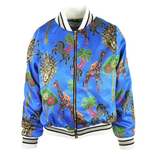 Colorful jacket with animal and palm tree pattern on a white background