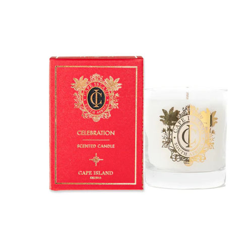 Cape Island Celebration scented candle with red box on a white background
