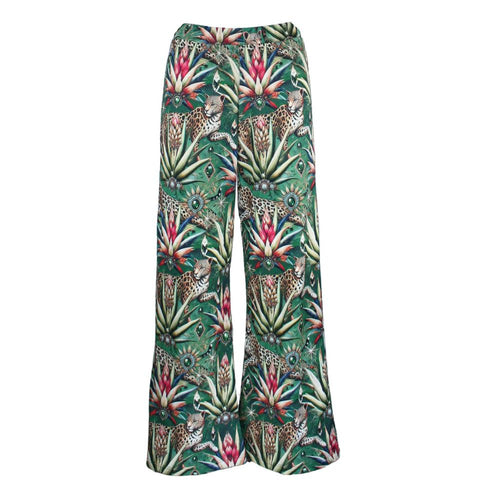 Rush Activewear Ribbed Pants in Wild Emerald Print - Tropical pattern with leopards and plants 