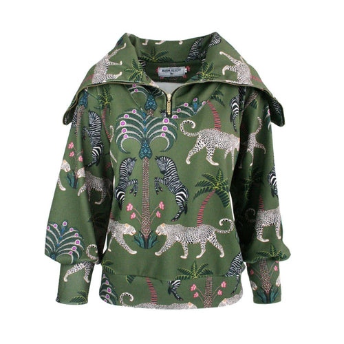 Green jacket with animal and floral pattern on a white background