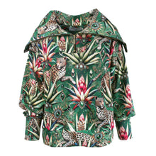 Load image into Gallery viewer, Rush Activewear Ribbed Pullover Jacket with half zip - Wild Emerald Print - tropical pattern featuring leopards and plants on a white background
