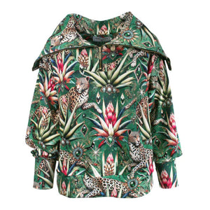 Rush Activewear Ribbed Pullover Jacket with half zip - Wild Emerald Print - tropical pattern featuring leopards and plants on a white background