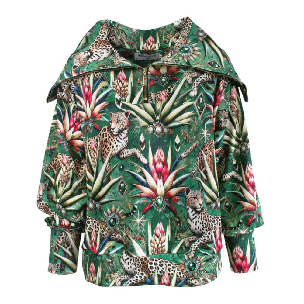 Rush Activewear Ribbed Pullover Jacket with half zip - Wild Emerald Print - tropical pattern featuring leopards and plants on a white background