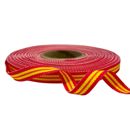 Red and yellow striped ribbon on a white background