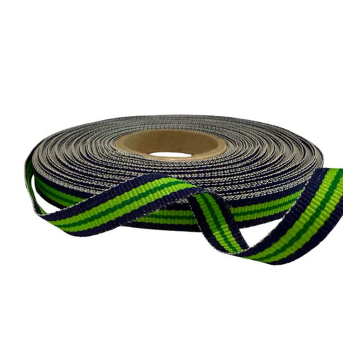 Roll of green and blue striped ribbon on a white background
