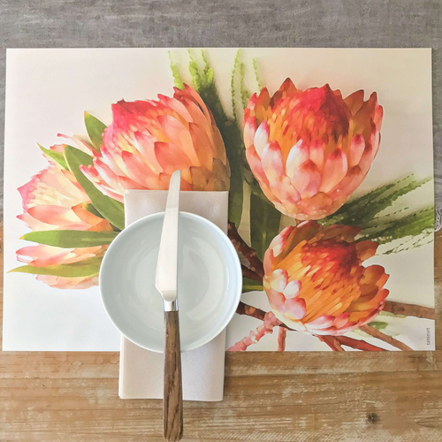 Set of 25 Tableart disposable placemats with Red Robijn protea flower design
