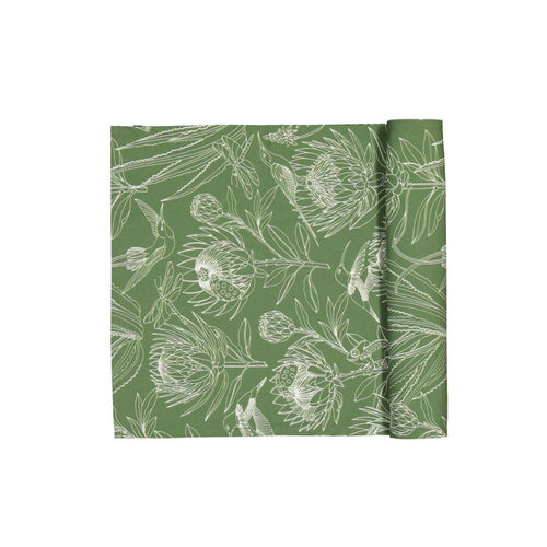 A Love Supreme 2.5m table runner - cream protea print on sage green background 