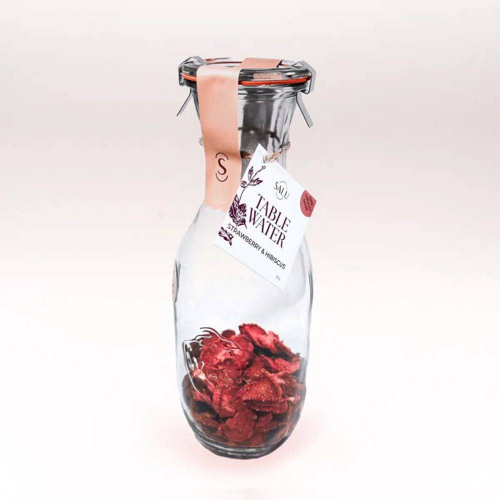 Glass carafe with strawberry & hibiscus dried fruit infusions