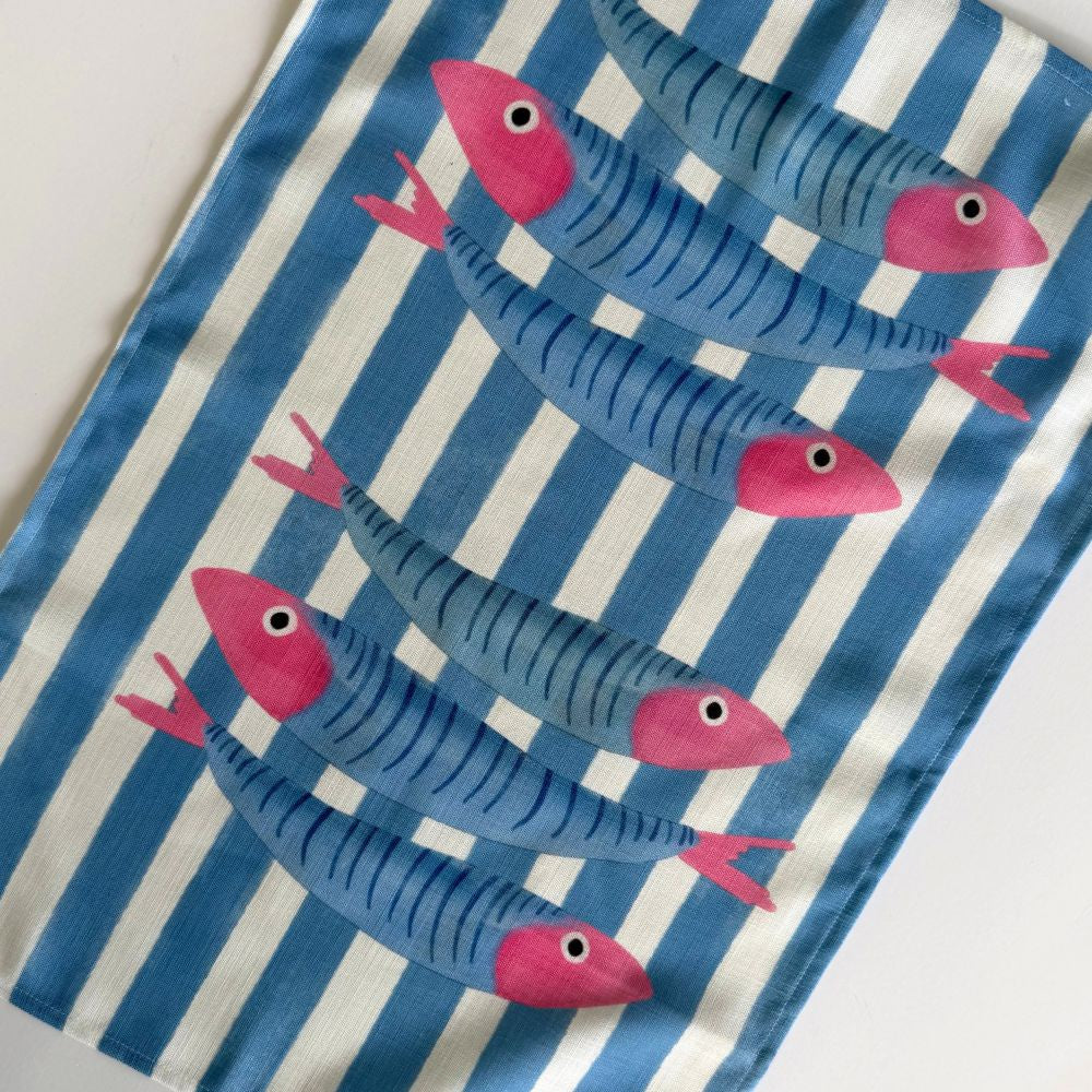Tea Towel with blue and white stripes and pink and blue sardine pattern
