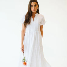 Load image into Gallery viewer, Woman wearing long white anglaise dress with short sleeves
