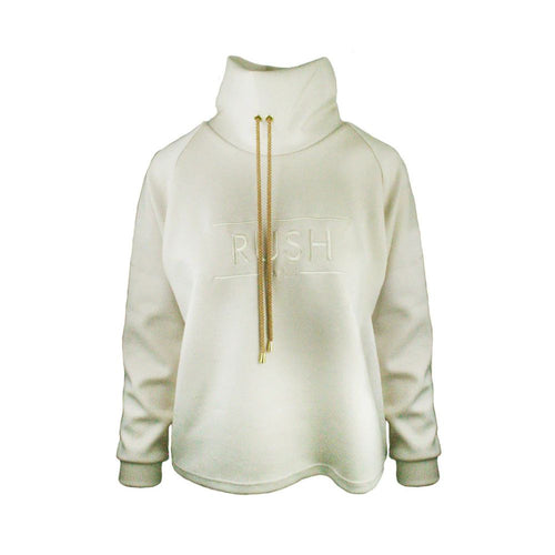 Beige hoodie with gold drawstrings on a white background