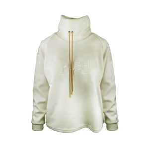 Beige hoodie with gold drawstrings on a white background