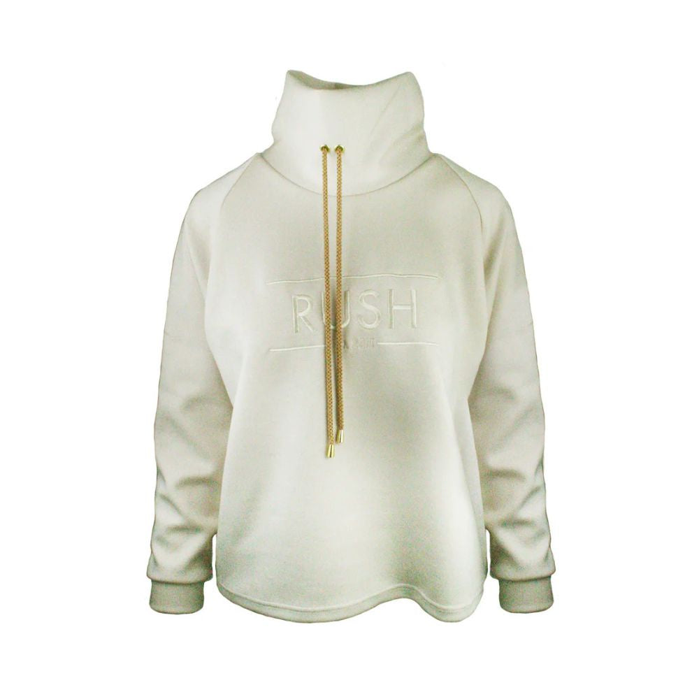 Beige hoodie with gold drawstrings on a white background