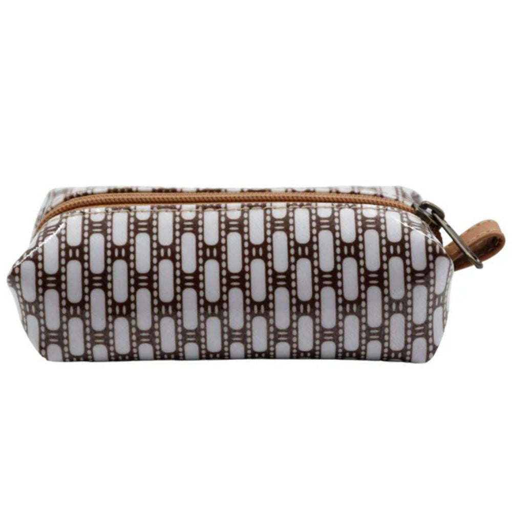 Small cosmetic bag with brown and white pattern on a white background