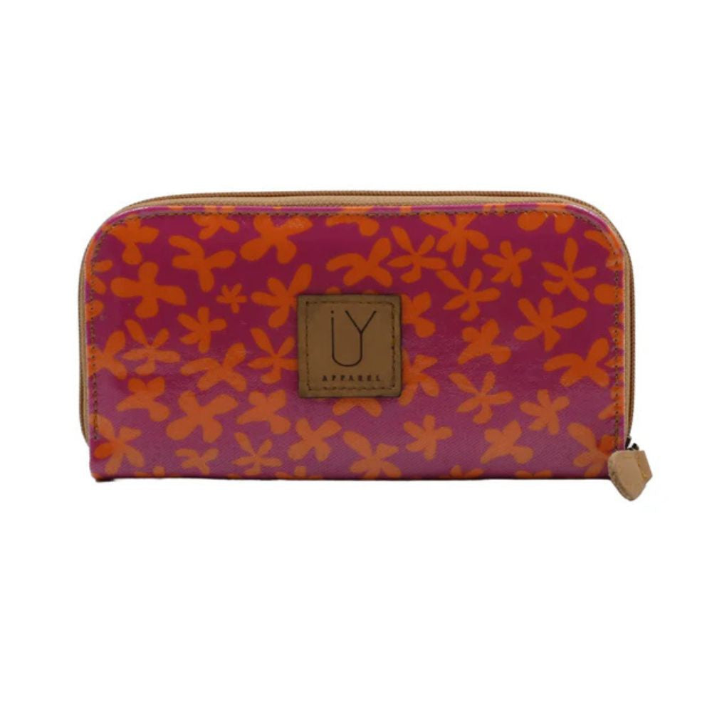 Floral patterned wallet with a brand logo on a white background