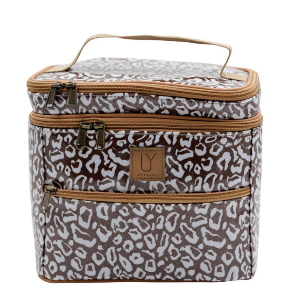 Leopard print stand-up toiletry bag with brown accents on a white background