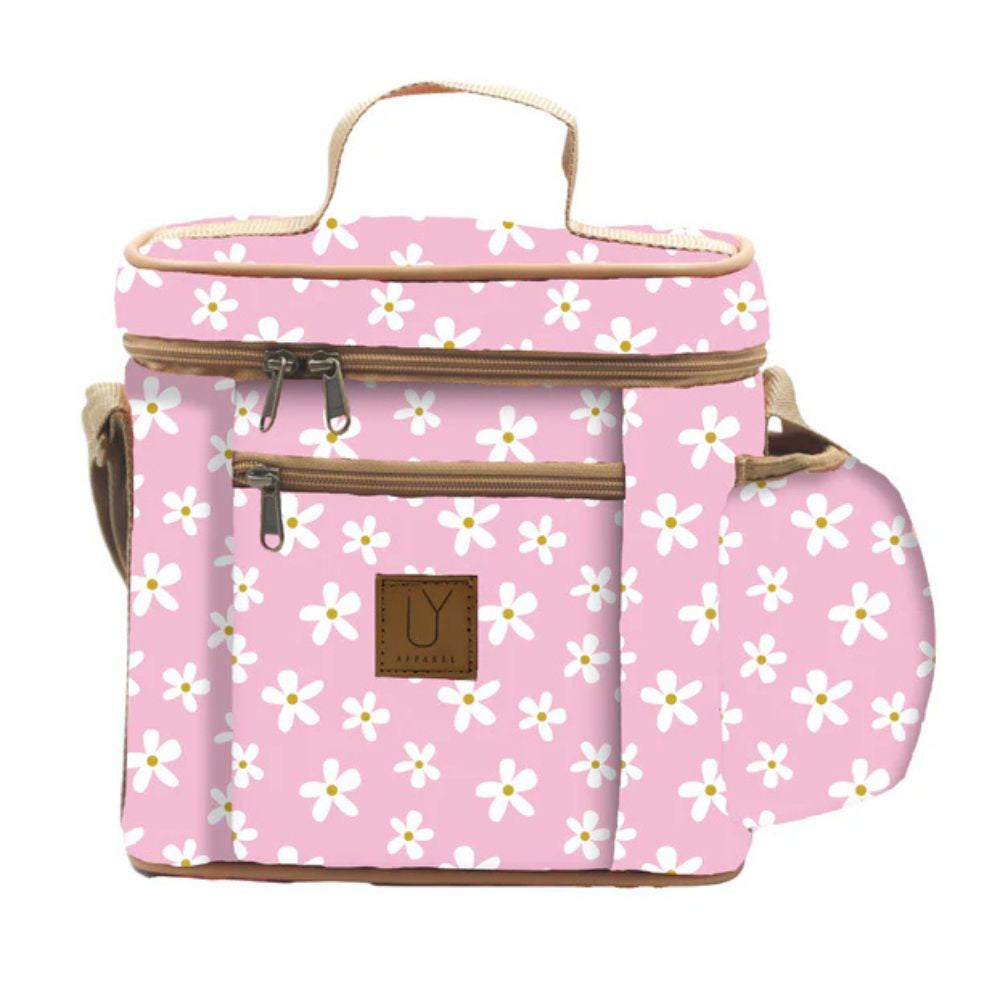 Pink floral-patterned cooler bag with a visible brand logo on a white background