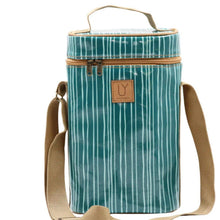 Load image into Gallery viewer, Teal striped cooler bag with brown handles and strap on a white background
