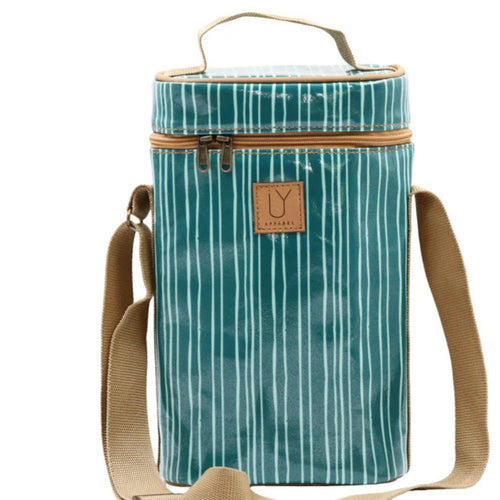 Teal striped cooler bag with brown handles and strap on a white background