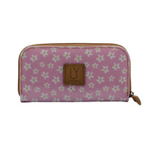 Load image into Gallery viewer, Pink floral wallet with a brown leather patch on a white background
