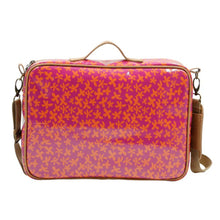 Load image into Gallery viewer, Pink and orange floral patterned laptop bag with brown straps on a white background
