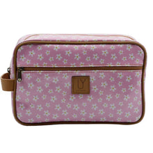 Load image into Gallery viewer, Pink floral-patterned toiletry bag with a brown zipper on a white background
