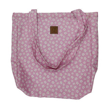 Load image into Gallery viewer, Pink floral-patterned tote bag with a brown label on a white background
