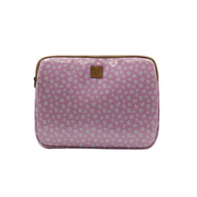 Load image into Gallery viewer, Pink &amp; White Floral patterned laptop sleeve with a brown leather zip on a white background
