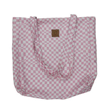 Load image into Gallery viewer, Pink and white checkered bag with a brown label on a white background
