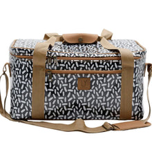 Load image into Gallery viewer, Black &amp; white patterned cooler bag with brown straps on a white background
