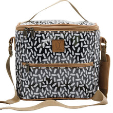 Load image into Gallery viewer, Black &amp; White patterned cooler bag with brown accents on a white background
