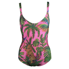 Load image into Gallery viewer, One-piece swimsuit with tropical leaf and animal print on a pink background
