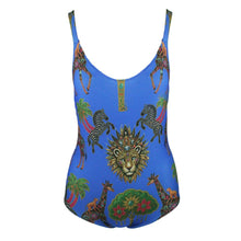 Load image into Gallery viewer, Blue swimsuit with animal and nature pattern on a white background
