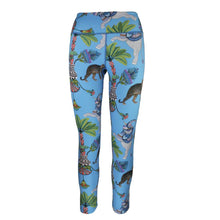 Load image into Gallery viewer, Leggings with elephant and floral pattern on a blue background
