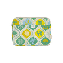 Load image into Gallery viewer, Patterned iPad sleeve with green and yellow design on a white background
