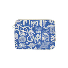 Load image into Gallery viewer, Blue iPad pouch with white sea-themed pattern on a white background
