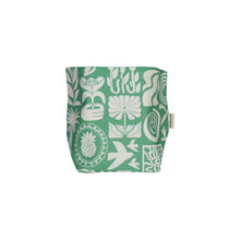 Load image into Gallery viewer, Green fabric pot plant holder with white floral and leaf pattern on a white background
