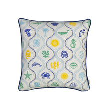 Load image into Gallery viewer, Decorative pillow with colorful sea-themed pattern on a white background
