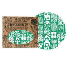 Load image into Gallery viewer, Bowl cover with green and white floral pattern on a cardboard packaging
