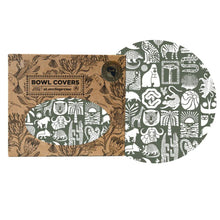 Load image into Gallery viewer, Bowl covers with animal pattern design in grey &amp; white on a white background
