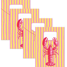Load image into Gallery viewer, Set of 4 A4 book covers with pink lobster &amp; bikini design on yellow &amp; pink striped background
