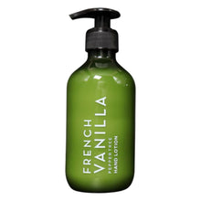 Load image into Gallery viewer, Green bottle of French Vanilla hand lotion with a pump on a white background
