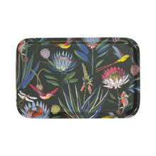 Load image into Gallery viewer, Decorative tray with tropical floral and bird design on a black background
